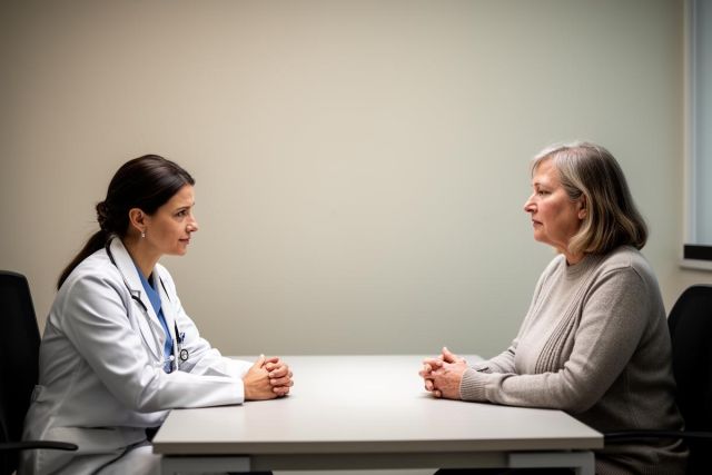 Physician talking with an older patient across a clinic desk, discussing treatment options and care.