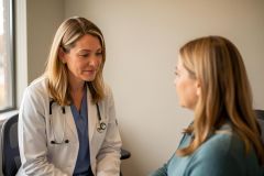 Female dentist speaking empathetically with a patient during an in-office consultation.
