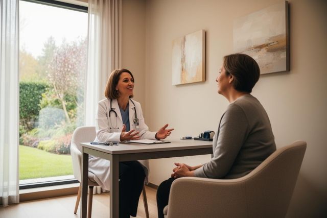 Doctor in a white coat discussing treatment options with a patient at a bright consultation table.