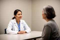 Clinician in a white coat speaking with an older patient across a clinic desk, discussing treatment options.