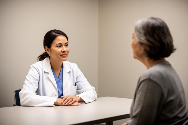 Clinician in a white coat speaking with an older patient across a clinic desk, discussing treatment options.