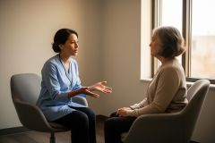 Healthcare provider in scrubs consulting an older patient in a quiet clinic room, explaining treatment options and next steps.