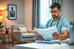 Man in blue scrubs and glasses intently reviewing documents at a desk in a modern, brightly lit home office. Soft neutral colors and natural light create a calm atmosphere. Focus on healthcare, paperwork, and professional concentration.