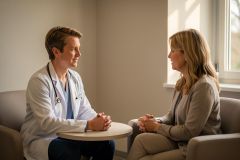 Doctor in a white coat consulting calmly with a patient across a small table in a quiet clinic room.