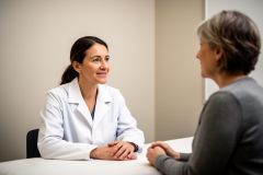 Doctor in a white coat attentively consulting a seated patient across a clinic desk during an appointment.