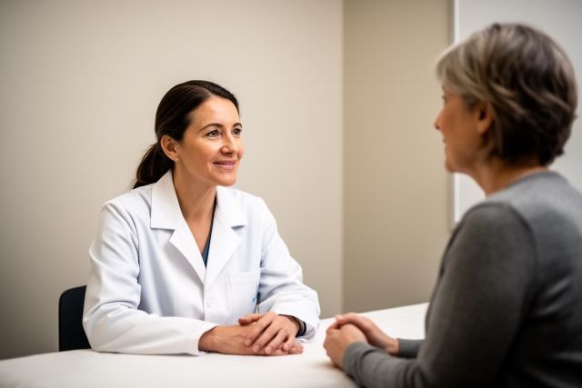 Doctor in a white coat attentively consulting a seated patient across a clinic desk during an appointment.