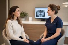 Dentist in navy scrubs consulting a smiling adult patient in a dental office.