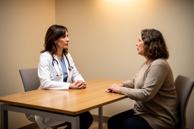Clinician in a white coat discussing treatment options with a patient across a consultation desk.