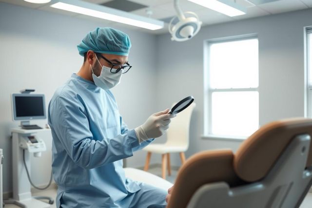 A dentist in a blue scrubs and mask examines a patient's teeth with a mirror in a modern dental clinic. The scene features a dental chair and equipment, showcasing a professional healthcare setting.