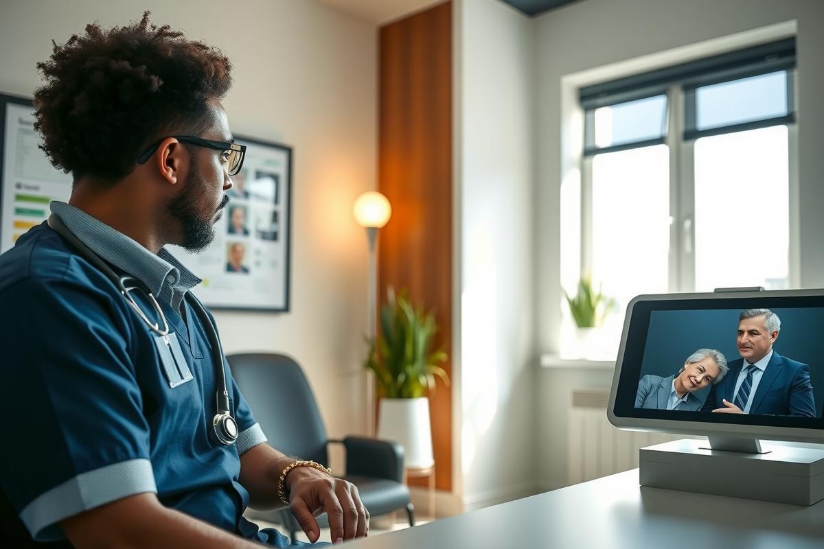 Doctor in scrubs conducting a virtual consultation on a computer screen. The image shows a healthcare professional in a modern office setting, likely engaging in telehealth.