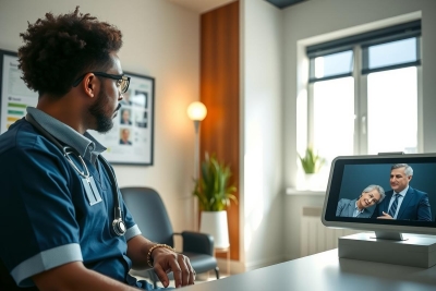 Doctor in scrubs conducting a virtual consultation on a computer screen. The image shows a healthcare professional in a modern office setting, likely engaging in telehealth.