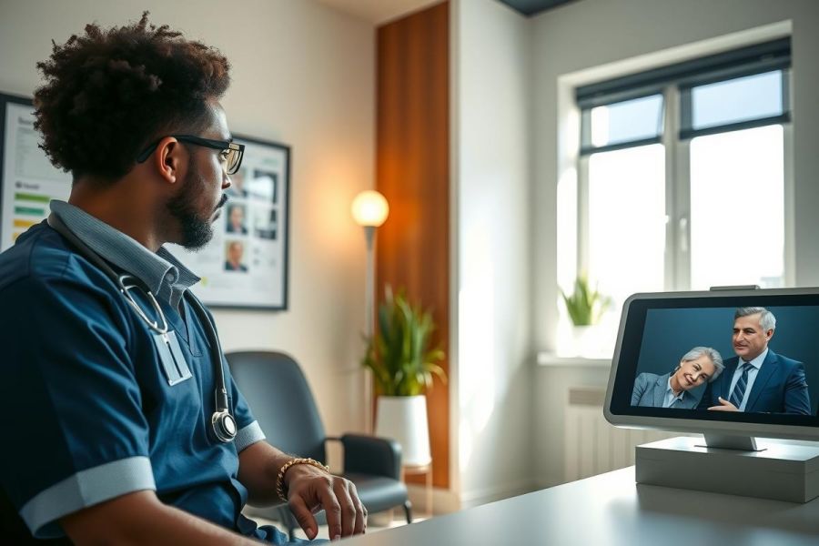Doctor in scrubs conducting a virtual consultation on a computer screen. The image shows a healthcare professional in a modern office setting, likely engaging in telehealth.