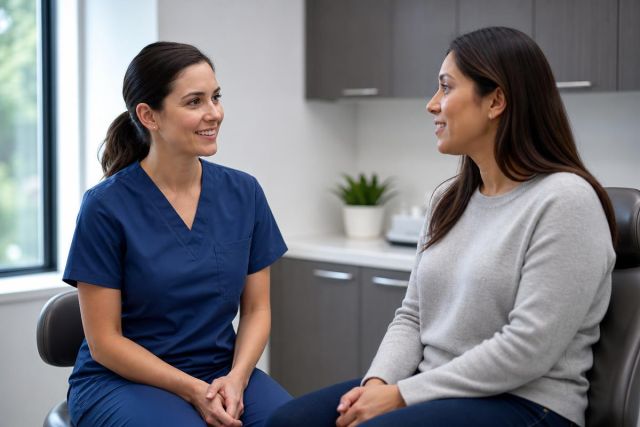 Dental clinician in scrubs consulting a patient in a calm dental clinic consultation room.