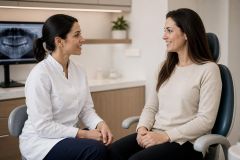 Dentist consulting a patient in a modern clinic with dental X-ray visible.