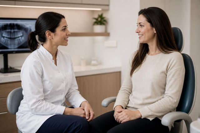 Dentist consulting a patient in a modern clinic with dental X-ray visible.