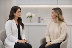 Consultation between a cosmetic surgeon and patient in a calm modern clinic consultation room.