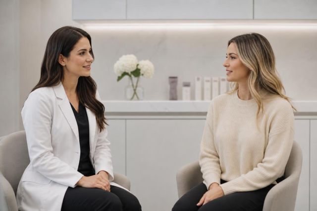 Consultation between a cosmetic surgeon and patient in a calm modern clinic consultation room.