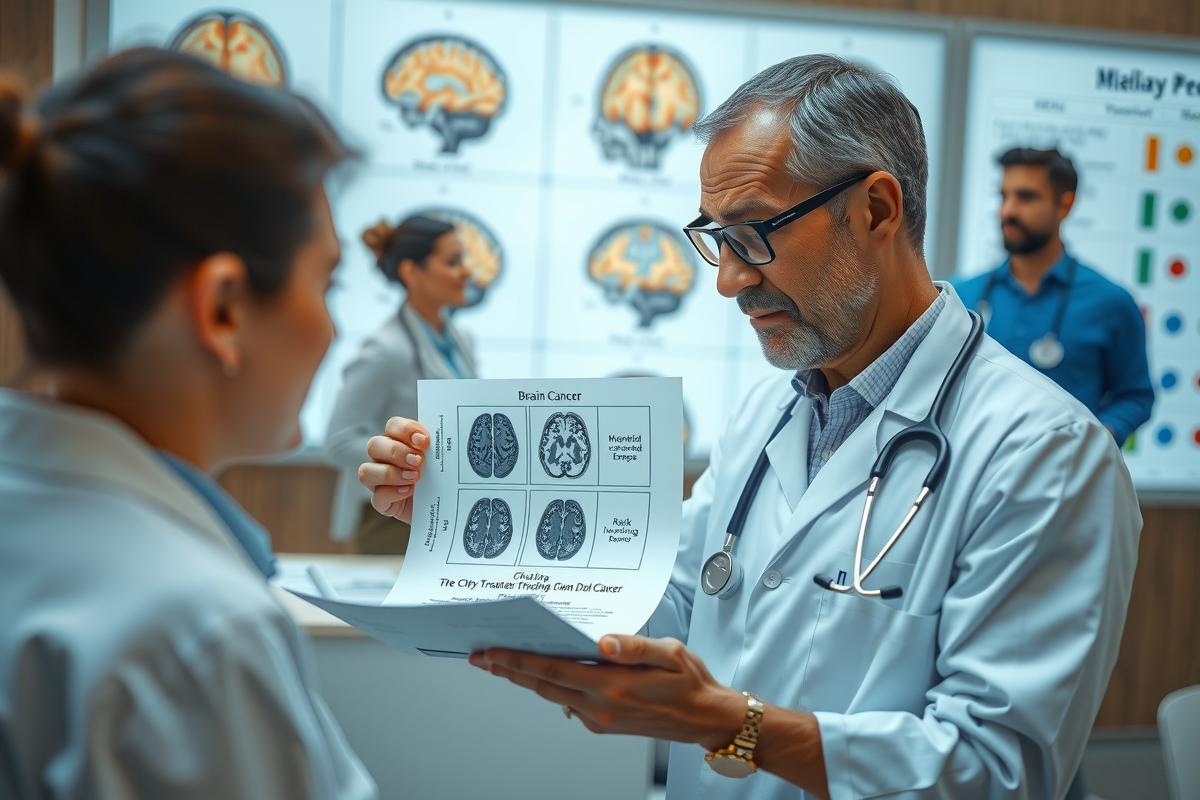 Image depicts a medical doctor in a professional setting, possibly examining patient head scans or discussing medical results. The scene includes several people, suggesting a busy hospital environment with multidisciplinary healthcare professionals.