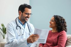 A friendly doctor in a white coat and glasses explains medical paperwork to a smiling patient in a bright, modern living room. The scene conveys healthcare consultation and positive patient-doctor interaction with warm tones and a focus on clear communication.
