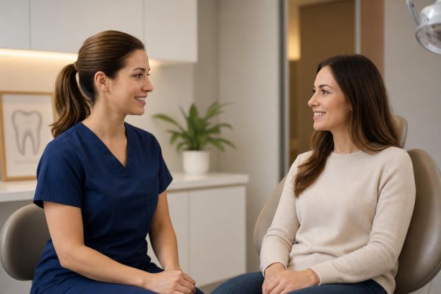 Dentist in navy scrubs calmly discussing dental treatment and aftercare with smiling seated patient.