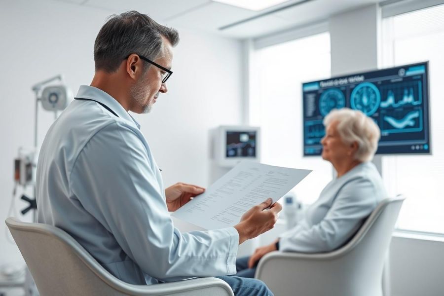 Doctor examining patient records in a modern clinic. An elderly woman sits nearby, with medical data displayed on a monitor. The scene features a bright, clean environment with a focus on healthcare and patient care.