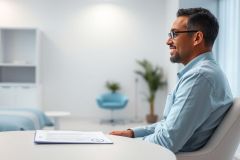 Man in blue shirt sits at a table with documents in a bright, modern office. Focus on a professional consultation or meeting setting with a calm, clean aesthetic. Includes a blue chair and greenery.