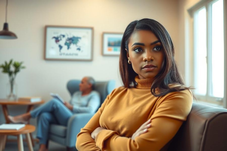 A woman with her arms crossed sits in a living room with a man in the background. The scene conveys a moment of tension or contemplation in a warmly lit interior.