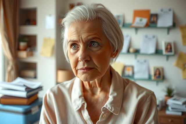 The image features an older woman in a home office setting. She appears to be engaged in some task on her computer. The room has personal touches such as pictures on the wall and books on the shelf, indicating a comfortable living space. 