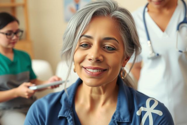 The image depicts a cheerful older woman sitting in what appears to be a medical setting. She has gray hair and is wearing a blue shirt with white designs.