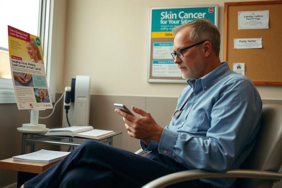 A man in a medical office, sitting in a chair, using his phone. The office has a poster about skin cancer on the wall behind him. There are also brochures and a bulletin board visible.