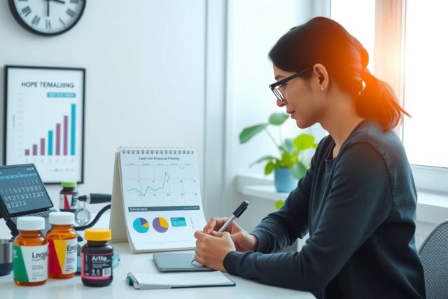 This is a photo of a woman sitting at a desk in an office setting. She appears focused on her work, looking at the papers in front of her, possibly taking notes or reviewing documents.