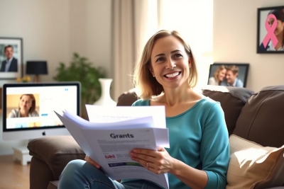 The image depicts a woman sitting comfortably on a couch, smiling and reading some documents. She is in her living room, which has a warm and inviting atmosphere with natural light coming through the window and framed pictures adorning the wall.