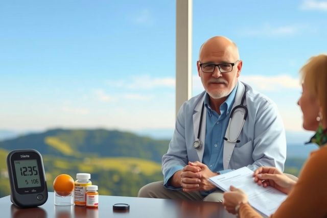 In the image, a male doctor is sitting at a desk with a female patient. The doctor appears to be listening attentively to the patient's concerns or presenting some medical information.