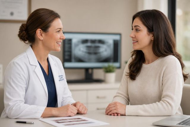 Dentist consulting smiling patient in office with dental X-ray visible on monitor.