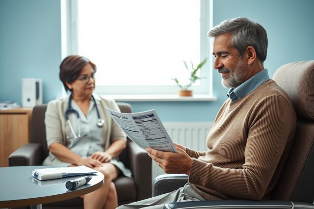 Doctor consultation in a bright, modern clinic. A mature man reviews medical documents while a female doctor wearing a stethoscope looks on. Blue walls and warm lighting create a welcoming atmosphere. Healthcare, patient care, and medical examination themes are present.