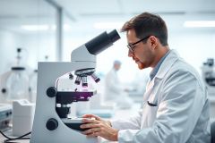 Scientist in a modern laboratory using a microscope. The image features a man in a white lab coat, focused on examining a slide through the microscope, surrounded by scientific equipment. The environment is bright and sterile with a clean, white color palette, depicting research and medical science.