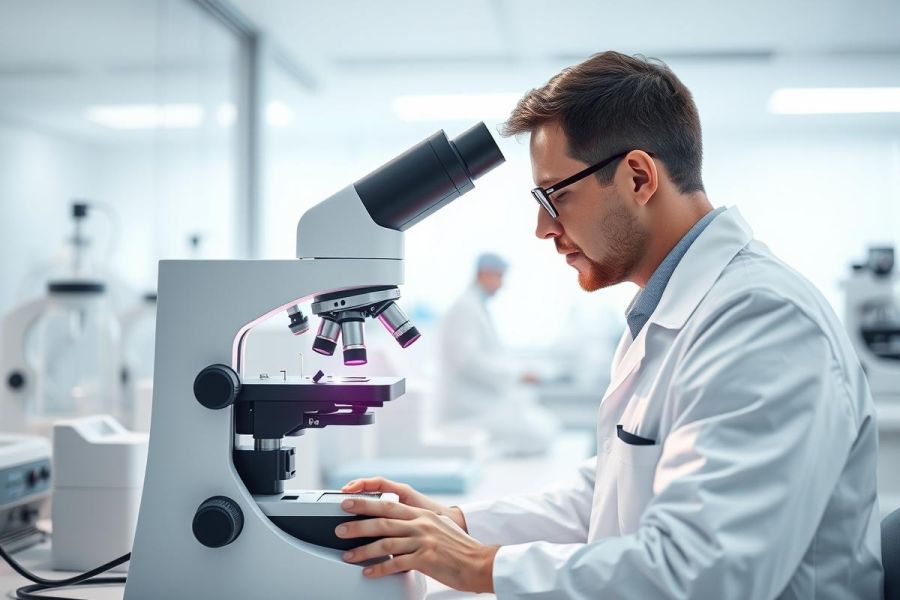 Scientist in a modern laboratory using a microscope. The image features a man in a white lab coat, focused on examining a slide through the microscope, surrounded by scientific equipment. The environment is bright and sterile with a clean, white color palette, depicting research and medical science.