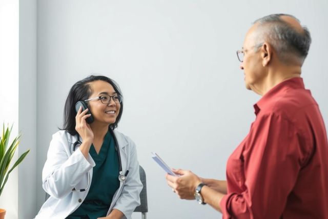 The image features a professional setting where a woman in medical attire is talking on her cell phone. She appears to be engaged in a conversation, with a positive expression. A man seated across from her seems to be reading or reviewing some documents, possibly related to the medical consultation.