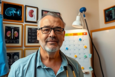 In the image, a medical professional, likely a doctor, stands in a clinical setting with examination tools and charts. He is wearing a white lab coat over a blue shirt, which suggests he may be a physician. 
