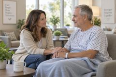 Patient in recovery lounge being comforted by a supportive companion after medical procedure