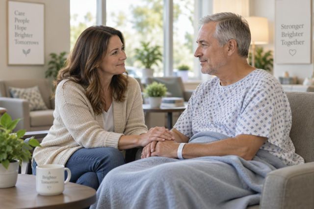 Patient in recovery lounge being comforted by a supportive companion after medical procedure