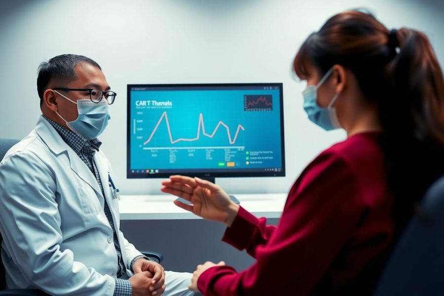 Doctor consults with a patient, both wearing masks. Healthcare setting with a graph displayed. Professional medical examination, likely discussing health data or results.