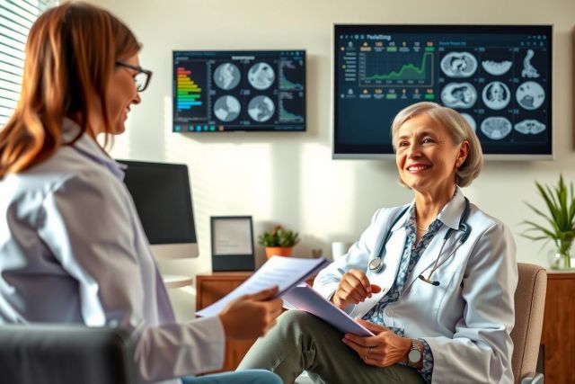 The image depicts a professional setting where two individuals are engaged in what appears to be a medical consultation. The person on the right, who is older and wearing glasses, is likely a medical doctor given their attire and surroundings.