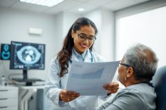 A smiling female doctor in a white coat discusses medical results with a patient in a bright, modern clinic. An eye scan image is visible on a monitor. Healthcare, patient consultation, and diagnostic imaging are key themes. Blue and white tones dominate the scene.
