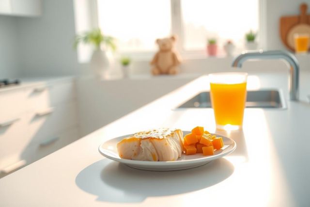 Close-up of a plate with baked chicken and roasted vegetables on a kitchen counter, next to a glass of orange juice. Bright, natural light illuminates the healthy breakfast scene.