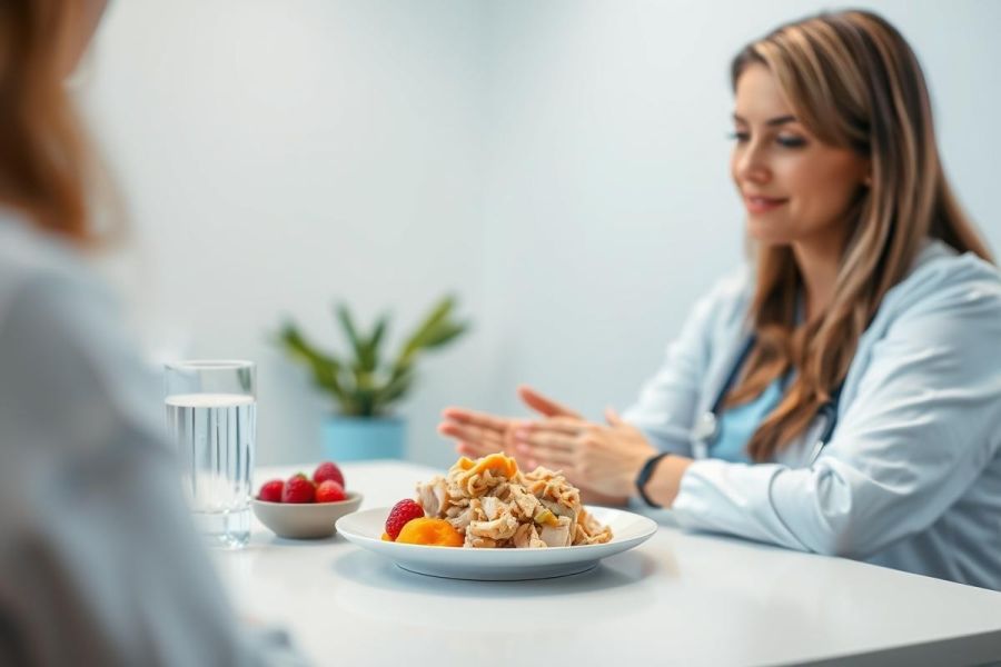 Nutritionist consultation. A healthcare professional in a white coat discusses healthy eating with a patient over a plate of food and fresh berries. Bright, clean, modern environment with a focus on wellness and dietary advice.