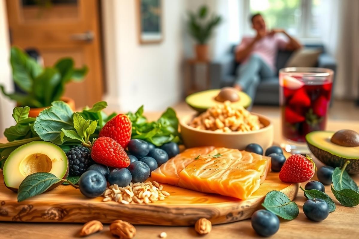Vibrant, colorful display of fresh fruits and vegetables arranged on a wooden cutting board. The setting is a home kitchen with natural light streaming in from the windows.
