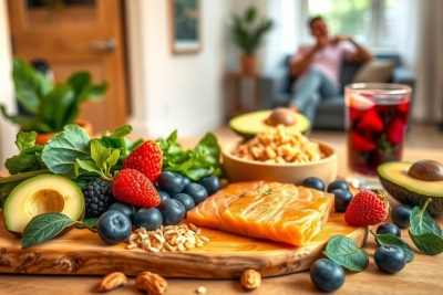 Vibrant, colorful display of fresh fruits and vegetables arranged on a wooden cutting board. The setting is a home kitchen with natural light streaming in from the windows.