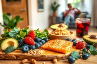 Vibrant, colorful display of fresh fruits and vegetables arranged on a wooden cutting board. The setting is a home kitchen with natural light streaming in from the windows.