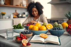 The image depicts a young woman in a kitchen, surrounded by various fruits and vegetables. She is examining a book that appears to be related to health or wellness, given the context of the fresh produce displayed on the counter.